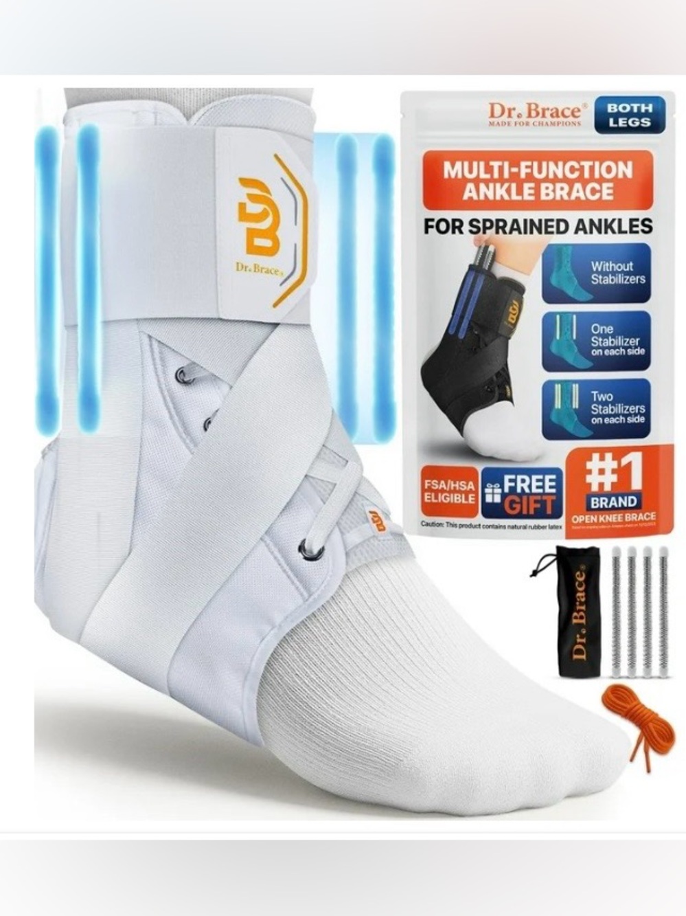 DR. BRACE® Ankle Brace, with removable Side Stabilizers, WHITE, LARGE,New